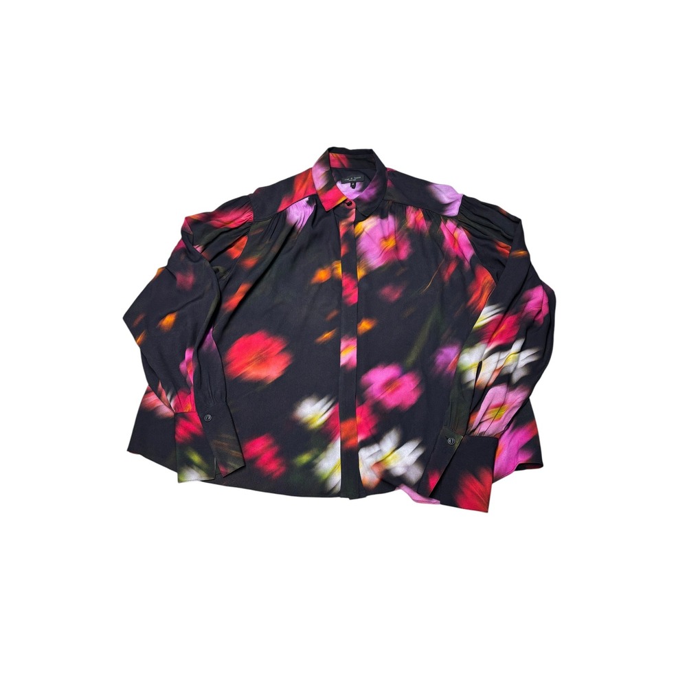 Rag & Bone Blurred Floral Print Viscose Button Down Blouse Black Pink Womens S